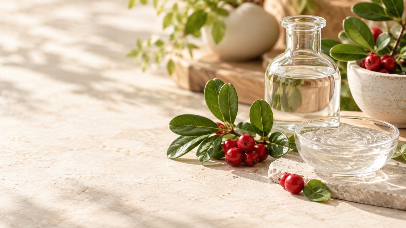 Bearberry leaves and berries with clear cosmetic ingredient vessels in warm natural light