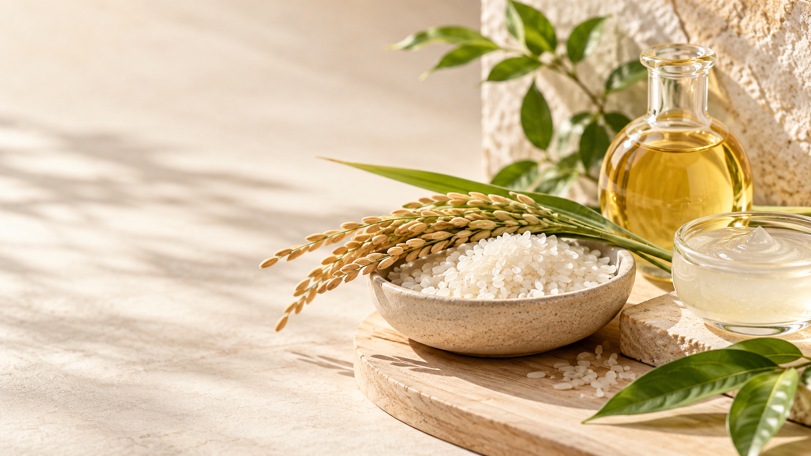 Rice ears, natural rice grains and clear cosmetic ingredient vessels in warm natural light